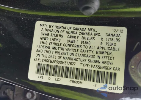 2013 Honda Civic Lx z USA, uszkodzony, nr VIN 2HGFB2F50DH517627